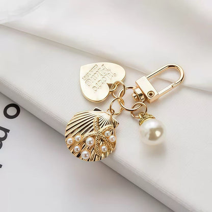 Golden Heart & Shell Pearl Keychain Set
