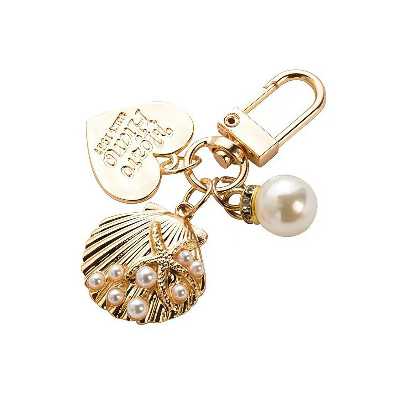 Golden Heart & Shell Pearl Keychain Set