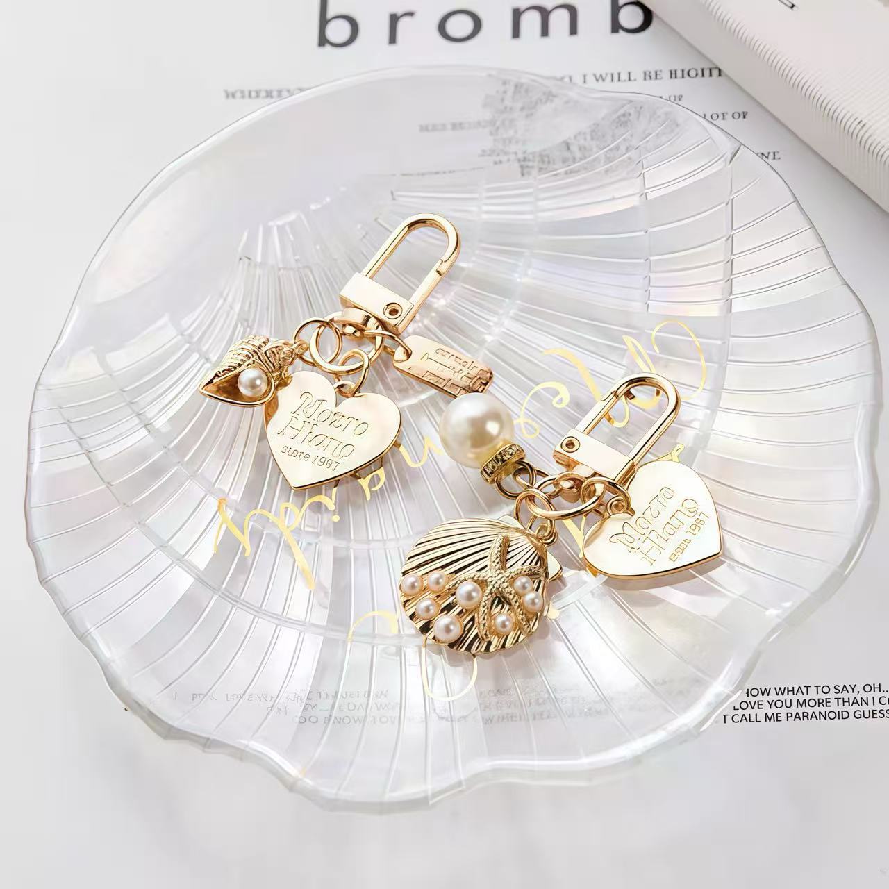 Golden Heart & Shell Pearl Keychain Set