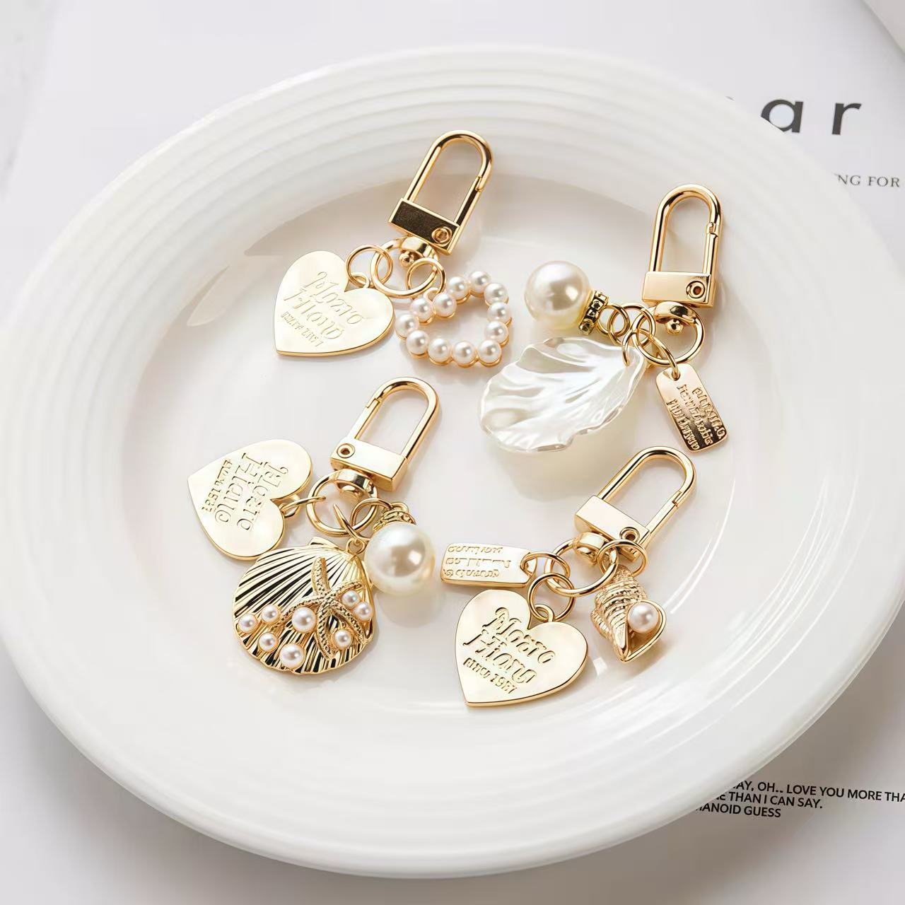 Golden Heart & Shell Pearl Keychain Set