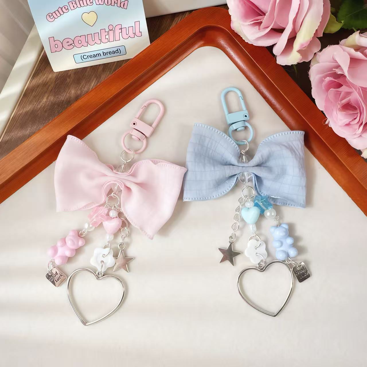 Pastel Bow & Heart Keychain Set